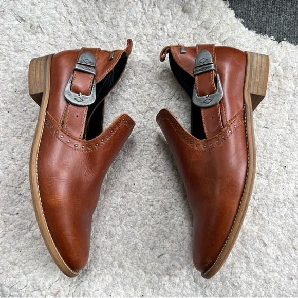 Musse & Cloud: Cognac Leather Slip On Gypsy Western Metal Buckle  Ankle Booties - Picture 3 of 11